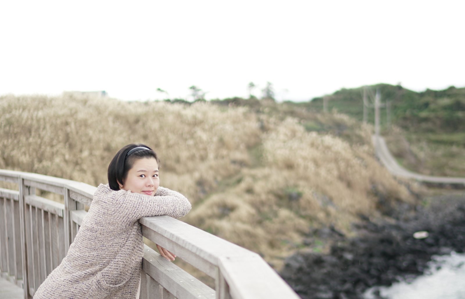 흐린 가을날 제주 억새밭 산책로